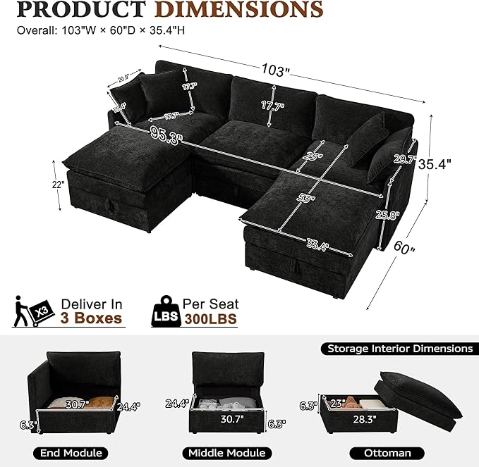Ihanherry 103” Modular Sectional Sofa with Storage, U Shaped Cloud Couch with Movable Ottomans & 4 Pillows, Chenille Deep Seat Sectional Couches for Living Room, Apartment (Black)