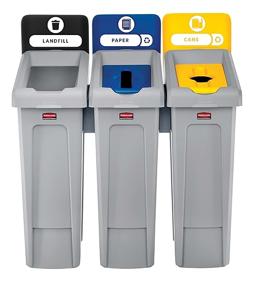 Rubbermaid Commercial Products Slim Jim Recycling Station, 3 Stream Landfill/Paper/Bottles Cans