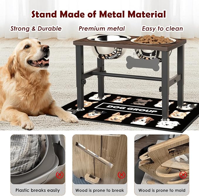SHAINFUN Elevated Dog Bowls with Slow Feeder & Mat for Medium and Large Dogs, 12" Tall Adjustable Wooden & Metal Raised Dog Bowl Stand, 2 Stainless Steel 58oz Bowls for Food & Water