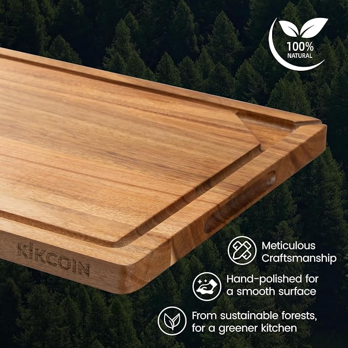 17" x 11.8" Acacia Wood Cutting Boards for Kitchen, Kikcoin Wooden Cutting Board, Chopping Board with Built-In Compartments and Juice Groove, Heavy Duty Charcuterie Board Wood Butcher Block