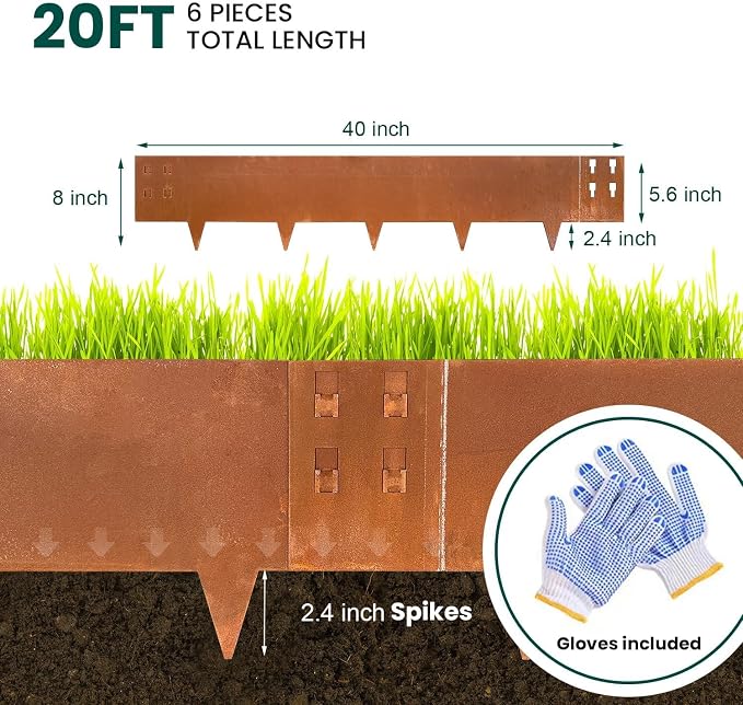 Corten Steel Landscape Edging 8in x 40in Strips, 6-Pack 20ft | Rusted, Hammer-In, 8 Inch Tall, Metal Edging for Garden, Border, Steel Landscaping, for Landscape, Yard, Lawn, Pathway