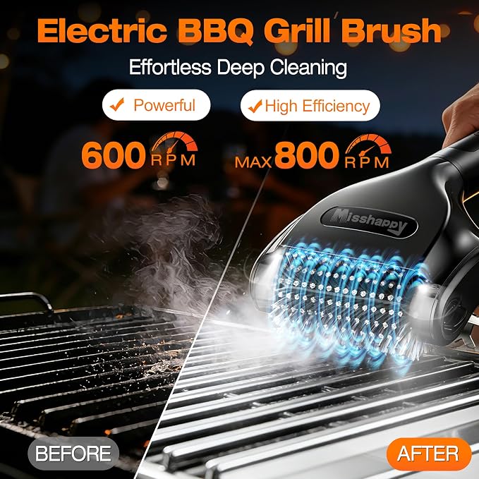 Misshappy Electric BBQ Grill Brush - 4000mAh Cordless BBQ Grill Cleaner 2 Speed - 800RPM Bristle Free Electric Grill Cleaner for Outdoor Grill Rechargeable with Scraper/LED Light/LED Display (Black)