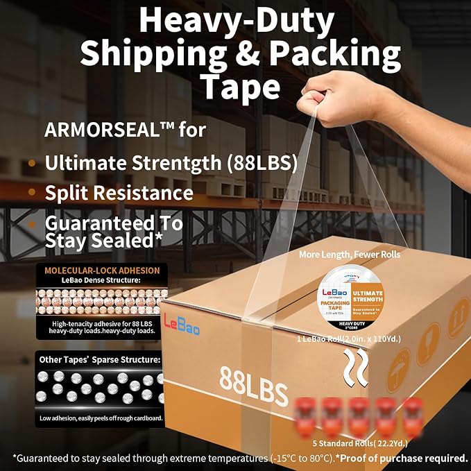 Heavy-Duty Packaging Tape with Dispenser, 6 Rolls Packing Tape, 2 inch x 66 yd. x 2.8 mil per roll, Strong Adhesive HD Clear Package Tape for Pack Boxes Shipping Supplies Moving