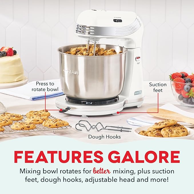 Dash Everyday Stand Mixer - Compact Tilt-Head Stand Mixer for Everyday Recipes - 6-Speed Power with Stainless Steel Bowl - White, 3-Quart