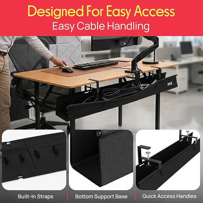 Pyle 36" Under Desk Cable Management Tray, Under Desk Wire Organizer with Clamp or Screw Mount, Desk Cable Organizer with Fabric Design for Large Workstations, Built-in Ties, 20 lb Capacity, Black