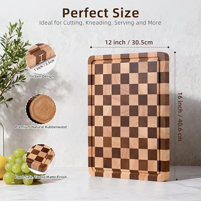 Checkered Cutting Board for Kitchen - Wood Thick Checkerboard End Grain Chopping Board with Handle & Juice Groove, Double Sided for Cooking, Serving and Decor, Rectangular 16" x 12" x 1"