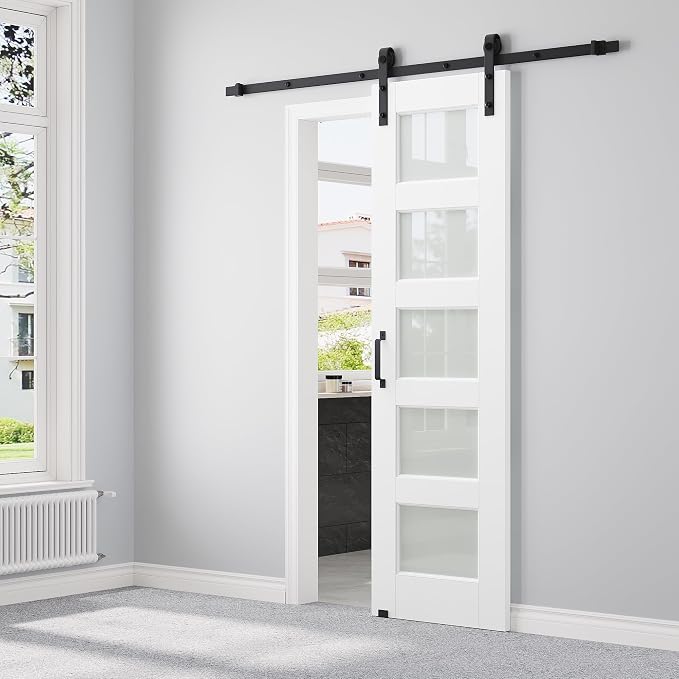 24" x 80" Pre-Assembled Sliding Barn Doors and 6FT Sliding Door Hardware Kit Included & Handle, 5-Lites Frosted Glass Barn Door for Closet Bathroom Bedroom, Solid & Water-Resistant MDF, Paintable