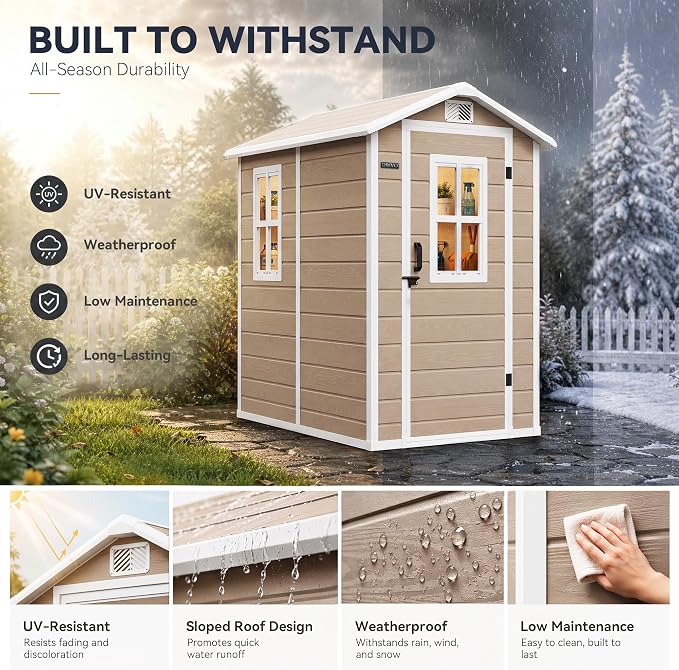 DWVO Outdoor Storage Shed 4.4×6FT, Plastic Garden Shed with 2 Windows | Resin Outdoor Tool Shed with Floor, Door Handle & Lock, Vents for Backyard Patio, Stores Bike Garden Tools, Beige