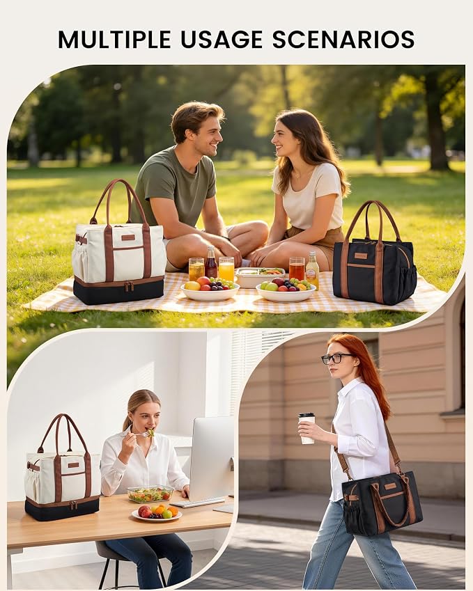 LOVEVOOK Insulated Lunch Bag Women with Triple Compartments & Bottle Holder | Double Deck Lunch Box,Reusable Lunch Tote for Everyday Family Meal Prep,Leakproof Cooler Bag for Work Picnic College,16L