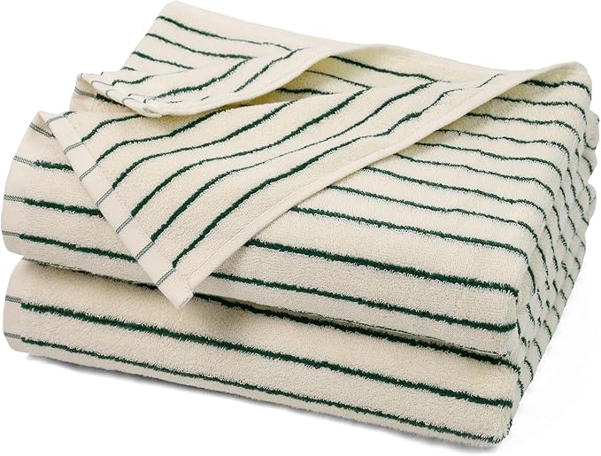 Jacquotha Green Striped Bath Towels Set of 2 | Lighter & Quick Dry Towels Large 27.5 x 55 inches, Farmhouse for Bathroom Decor, Shower, Pool Days