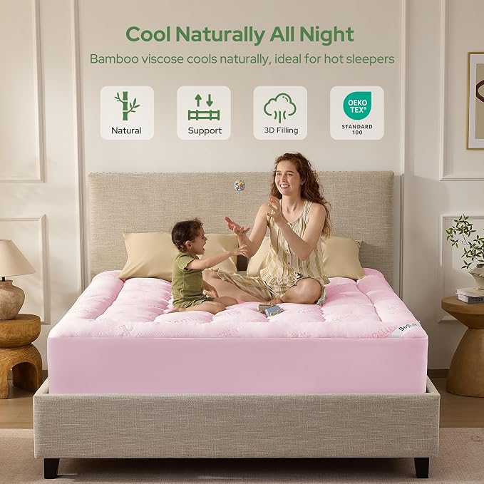 BEDLORE California King Mattress Topper Viscose Derived from Bamboo, Thick Pillow Top Mattress Pad with Stretchable Pockets for 6"-18" Mattress, Soft Mattress Topper for Back Pain Relief(Pink)