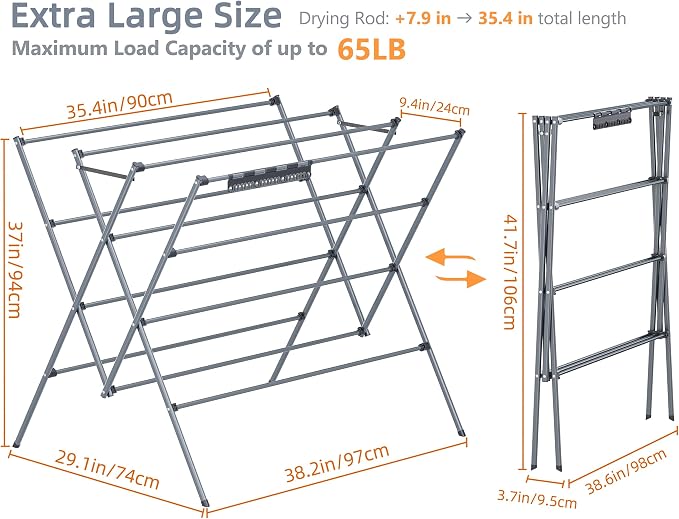 Drying Rack Clothing,35.43in Long Drying Poles Large Clothes Drying Rack | Foldable Portable Laundry Drying Rack with Sock Clips for Air Drying Clothing,Towels,Delicate Eac,Indoor Outdoor Use.Silver