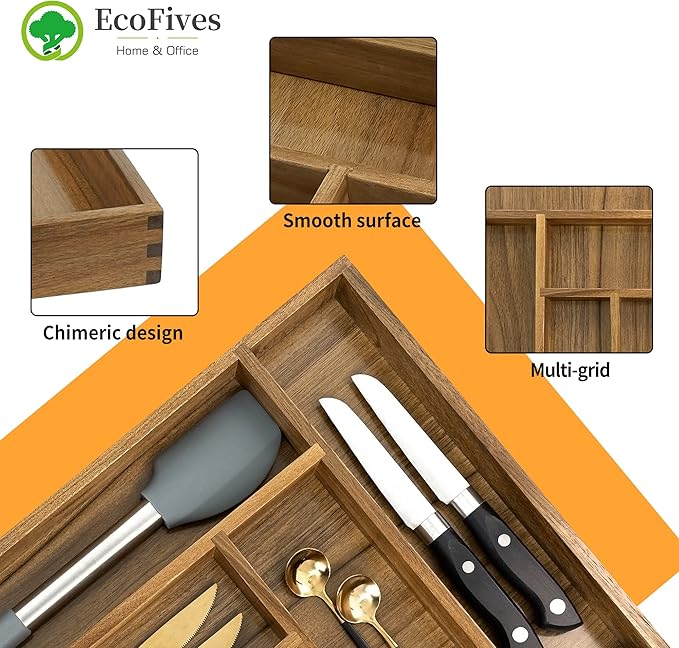 EcoFives Luxury Acacia Kitchen Drawer Organizer - Silverware Organizer - Utensil Holder and Cutlery Tray with Grooved Drawer Dividers for Flatware and Kitchen Utensils (6 Slot)
