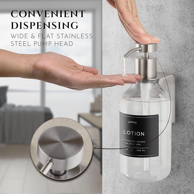 Shower Shampoo Dispenser Wall Mounted – Refillable 16.9 oz Clear Bottle with Stainless Steel Pump & No-Drill Adhesive Holder – Soap Dispenser for Bathroom (1 X Clear/Silver)