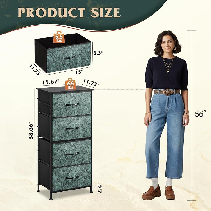 WLIVE Small Dresser Nightstand for Bedroom, 4 Drawers, Vintage Green | 4 vertical fabric drawers, Space-saving tower, Bedroom or closet use, Chest of drawers, Dresser for small spaces