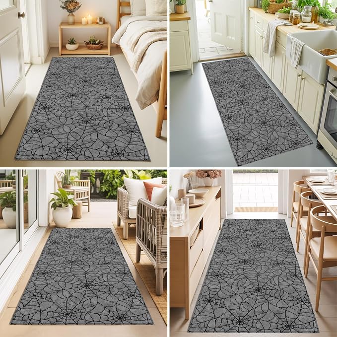Hallway Runner Rug 2'x6', Grey Halloween Washable Bathroom Area Rugs for Kitchen Bedroom Laundry, Black Spiders Net Classic Gingham Non Slip Door Mat Indoor Entrance Floor Throw Bedsides Carpet