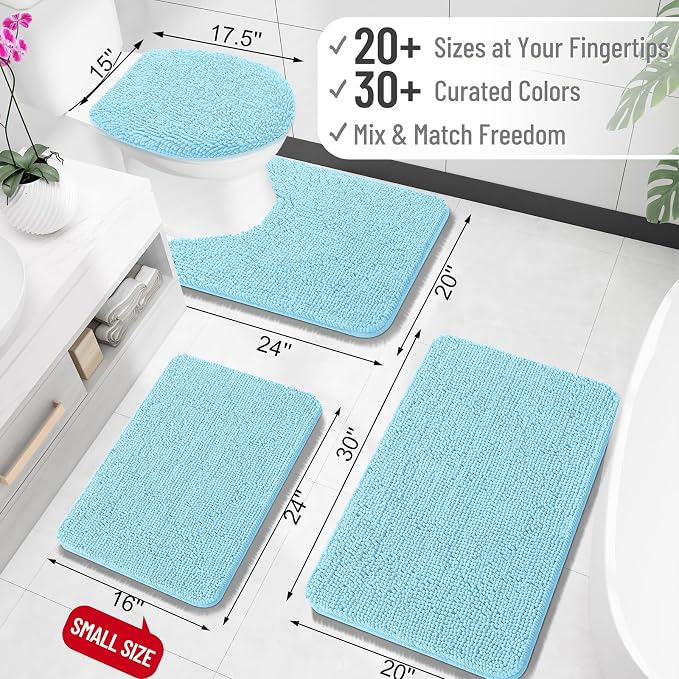 OLANLY Bathroom Rugs 30x18, Extra Soft Absorbent Chenille Bath Rugs, Rubber Backing Quick Dry, Machine Washable Bath Mats for Bathroom Floor, Tub and Shower, Home Decor Accessories, Sky Blue