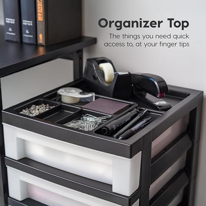 IRIS USA Craft Plastic Organizers and Storage, Rolling Storage Cart for Classroom Supplies, Storage Organizer for Art Supplies, Drawer Top Organizer for Small Parts, 6 Drawer, Black/Pearl