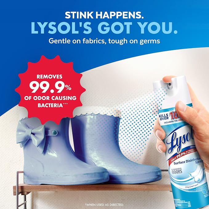 Lysol Disinfectant Spray, Household Essential Cleaning Supplies, Multi-Purpose Room Spray, Antibacterial Sanitizer Spray, Upholstery Deodorizer, Home and Bathroom, Crisp Linen,19 Fl Oz (Pack of 12)