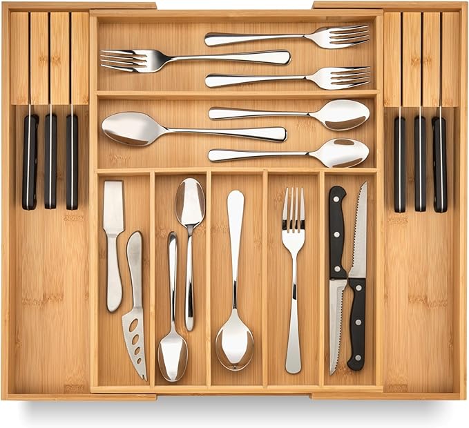 Purawood Bamboo Drawer Organizer with Knife Blocks - Silverware Organizer & Utensil Drawer Organizer, Cutlery Tray with Dividers, 7-9 Slots- Premium Kitchen Organizer for Utensils & Flatware (Natural)