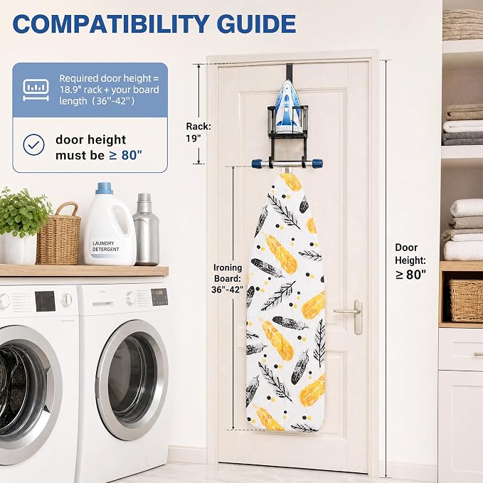 ORLESS Ironing Board Hanger Over Door & Wall Mount, Black | 2 in 1 Heavy Duty Iron Board Holder with Storage Basket, Fits T/Y Boards, Laundry Room Space Saver