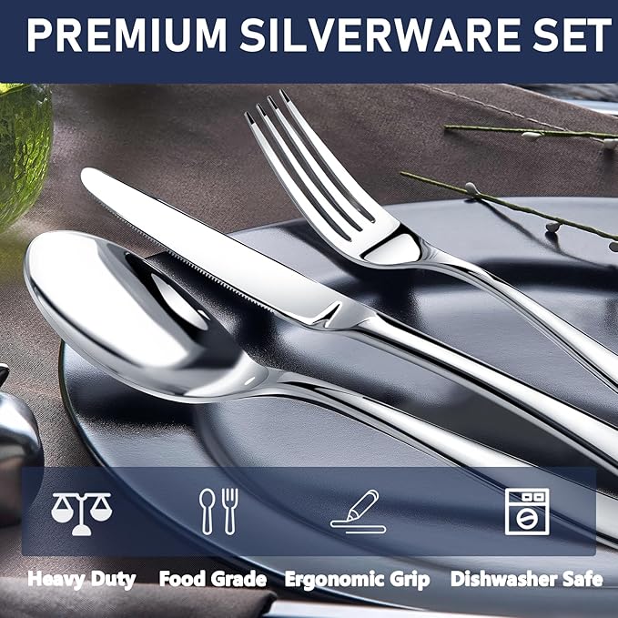 STILLOYE Heavy Duty Silverware Set for 8, 40 Piece Premium Stainless Steel Flatware Utensils Cutlery Set Including Steak Knife Fork and Spoon, Dishwasher Safe, Gift Package for Wedding Housewarming