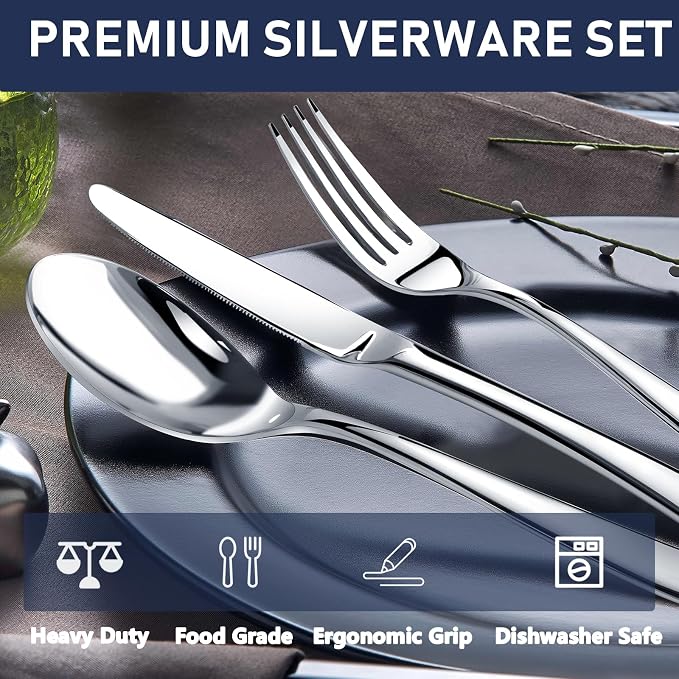 STILLOYE Heavy Duty Silverware Set for 12, 60 Piece Premium Stainless Steel Flatware Utensils Cutlery Set Including Steak Knife Fork and Spoon, Dishwasher Safe, Gift Package for Wedding Housewarming