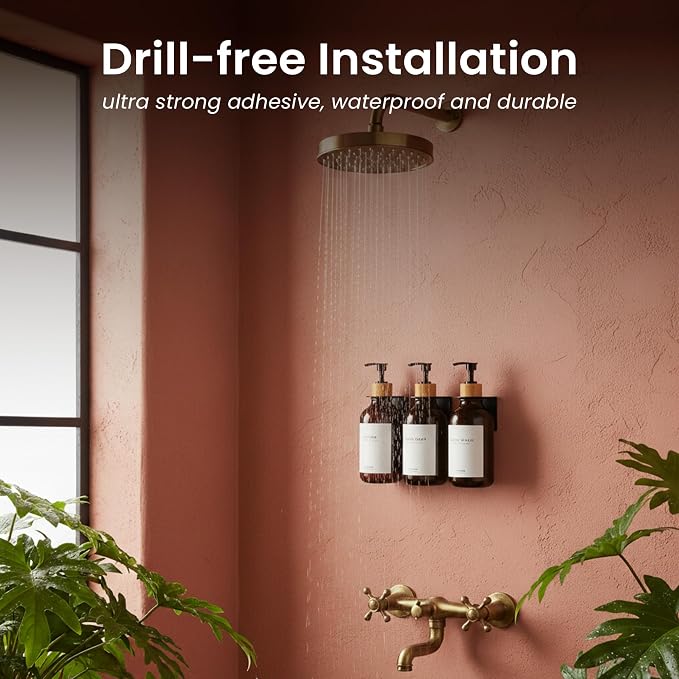 Shampoo and Conditioner Dispenser Wall Mounted Set of 3 Amber Bamboo - No Drill Shower Soap Dispenser for Bathroom Refillable - Spa Hotel Style Accessories by MaisoNovo | 500 ml Shower Gel Dispenser Set of 3. Refillable Shampoo and Conditioner Bottles....