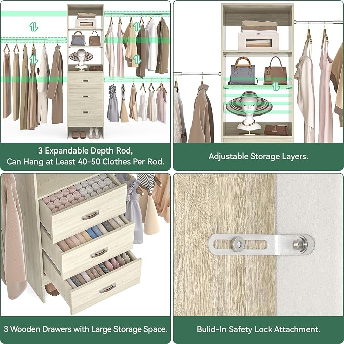 Besiost 96'' Closet Organizer System with 3 Hanging Rods, 8FT Closet Organizers and Storage with 3 Wooden Drawers, Built in Closet Organizer Systems, Adjustable Walk-in Wardrobe from 2-8FT, White Oak