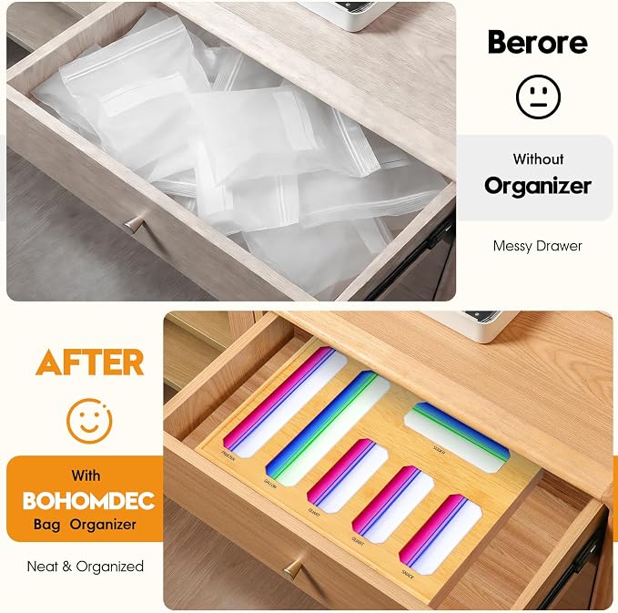 Bamboo Ziplock Bag Organizer for Kitchen Drawer & Wall Mount, Food Storage Baggie Holder, Fits Gallon Quart Sandwich Snack Freezer & Slider Bags, No Assembly, 6 in 1,Natural Color