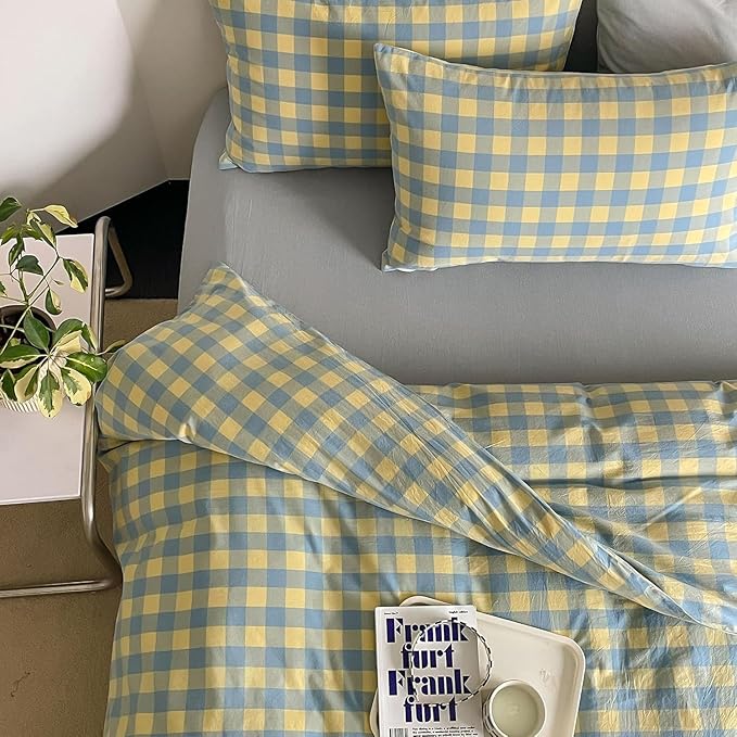 mixinni Plaid Duvet Cover Set King Yellow - Soft Washed Cotton Modern Geometric Bedding Set with 2 Pillowcases, Blue Green Gingham Grid King Duvet Cover for Men & Women, Soft & Lightweight
