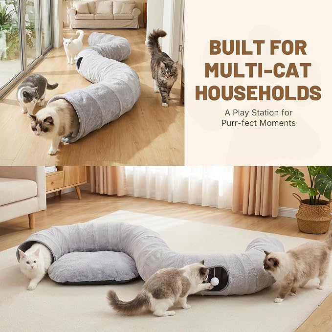 Extra Large Cat Tunnel, 47.2in Multi-Cat Family Big Cat Tunnel for Cats, Long Cat Tunnel Bed with Washable Plush Mat, XXL Pet Play Tunnel Toy for Cats, Puppy, Rabbits Grey