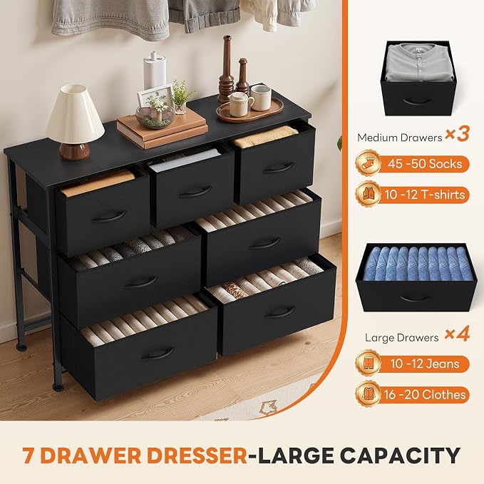 Sweetcrispy 7 Drawer Dresser with Fabric Bins Fabric Storage Tower Organizer for Bedroom Closet Hallway Entryway Tall Chest of Drawers with Steel Frame Wood Top Easy Pull Handles,Black