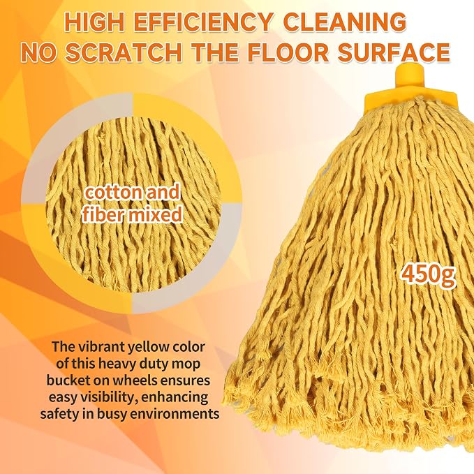 Mop Bucket with Wringer, 22 Qt (5.5 Gallon), Floor Cleaning, Handle, Wheels, 16.5" L x 10.6" W x 26.4" H, Yellow,Plus One Cotton Mop