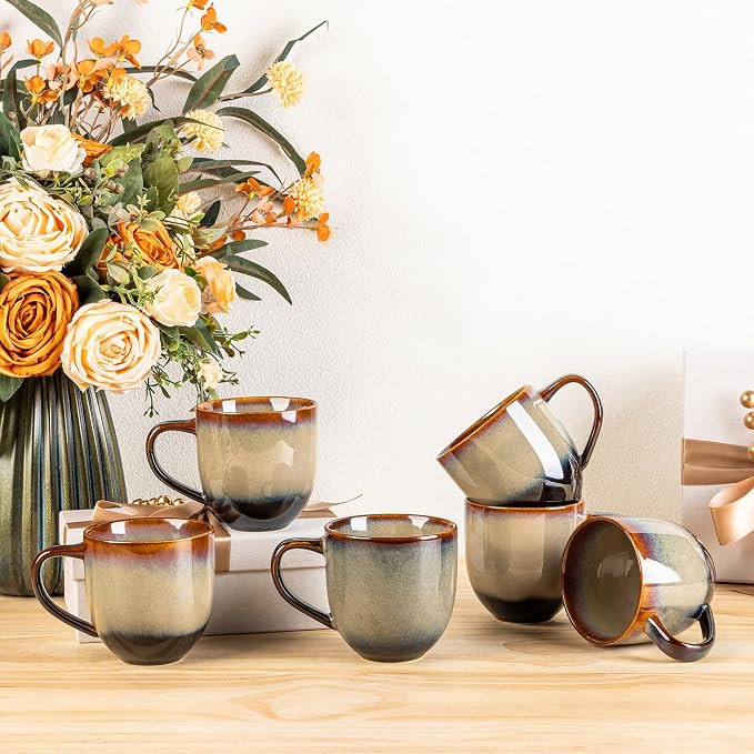 theterra Ceramic Coffee Mugs Set of 6, 12oz Handmade Coffee Cups with Handle for Latte, Tea, Milk, Beer, Hot Cocoa, Coca Mocha