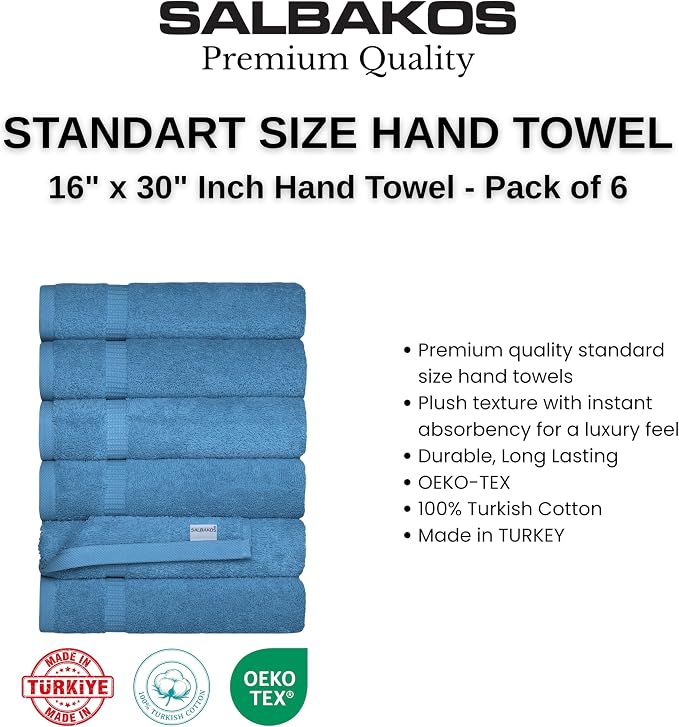 SALBAKOS 6-Piece 100% Turkish Cotton Hand Towels, 16x30 inch, Blue | Large Size Thick Super Soft Highly Absorbent, Versatile Hair Face & Hand Drying Towel, Premium Hotel Quality Made in Turkey