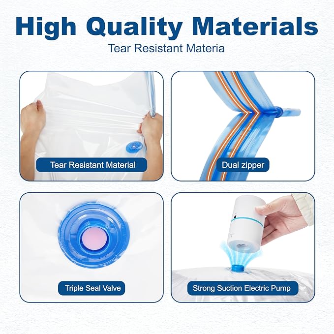 HOUSE DAY 10 Jumbo Vacuum Seal Bags For Clothing Travel, 80% Space Saving Travel Vacuum Bags with Electric Pump, Vacuum Storage Bags For Clothes, Comforters, Blankets, Moving, Reusable & Durable
