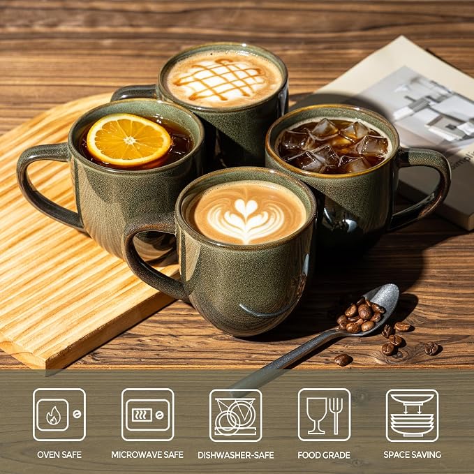 theterra Ceramic Coffee Mugs Set of 6, 12oz Handmade Coffee Cups with Handle for Latte, Tea, Milk, Beer, Hot Cocoa, Olive Green