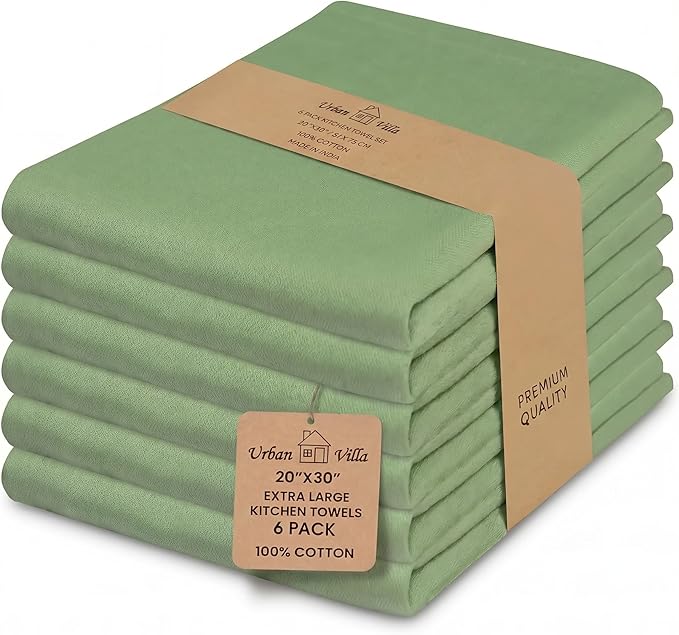 Urban Villa Kitchen Towels 100% Cotton Dish Towels for Kitchen(Set of 6)20”x30” Dish Cloths Highly Absorbent Kitchen Linen Set with Hanging Loop Perfect for Drying Dishes Cleaning Hand Towels – Green