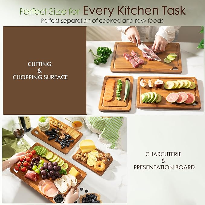 Astercook Deep-Carbonized Bamboo Cutting Boards for Kitchen with Wood Storage Stand, Reversible Charcuterie & Chopping Boards with Juice Grooves and Easy-Grip Handles, Fathers Day Gift for Men