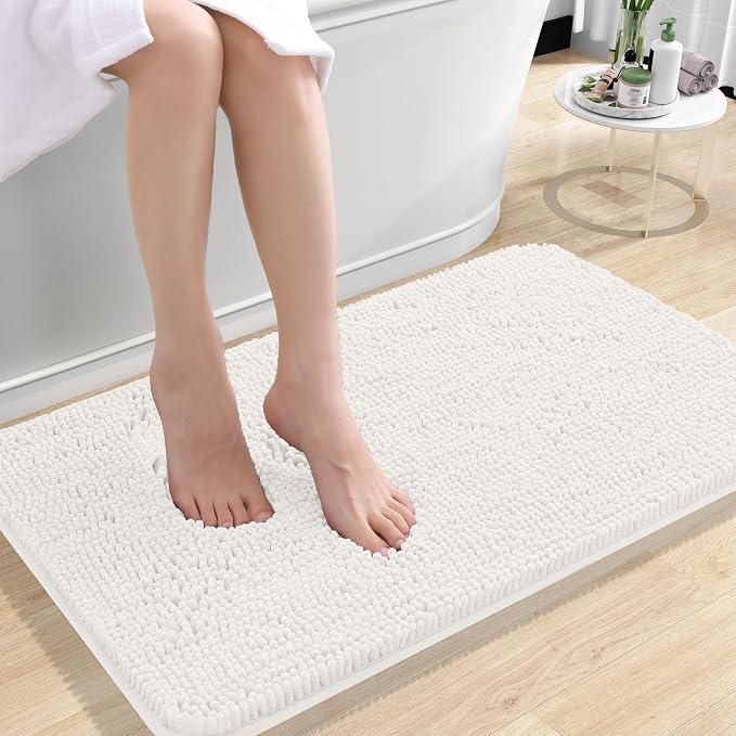 OLANLY Bathroom Rugs 30x18, Extra Soft Absorbent Chenille Bath Rugs, Rubber Backing Quick Dry, Machine Washable Bath Mats for Bathroom Floor, Tub and Shower, Home Decor Accessories, Ivory