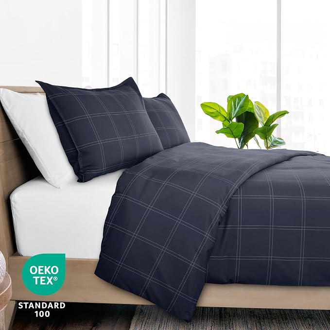 Bare Home Bedding Duvet Cover Full Size - Premium 1800 Super Soft & Lightweight Duvet Cover - Soft Breathable Bedding (Full, Modern Plaid - Midnight Blue/White)