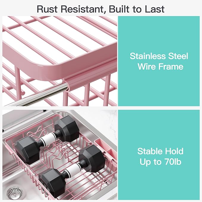 JASIWAY Pink Dish Drying Rack Over the Sink with Utensil Holder | Expandable Stainless Steel Dish Driainers for Small Kitchen, Counter Space Saving, Fast Drain, Rust Resistant, For Apartment