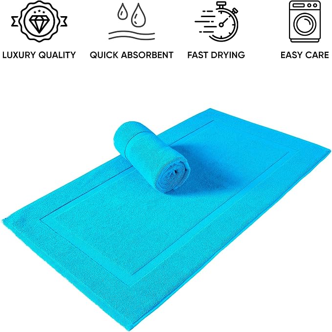 SALBAKOS 2-Piece 100% Turkish Cotton Bath Mat Towel, 20x34 inch, Aqua | Bathroom Floor Towels, Thick Soft Most Absorbent Quick-Dry Durable Large Size Foot Rug, Premium Hotel Quality Made in Turkey