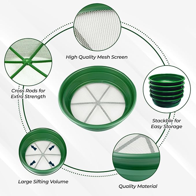 SE Gold Prospecting-Sifting-Panning, 13.25 Inch Wide Stackable Classifier Gold Prospecting Pan, 1/12 Inch Stainless Steel Mesh Sifting Pan, Green