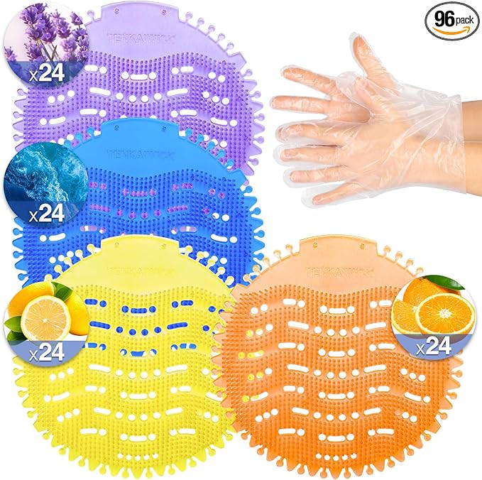 96 PACK Urinal Deodorizer Screen with 100 Gloves-3D Wave Anti-Splash Odor Protection Urinal Cakes for Men Toilets, Four Scents Urinal Mats