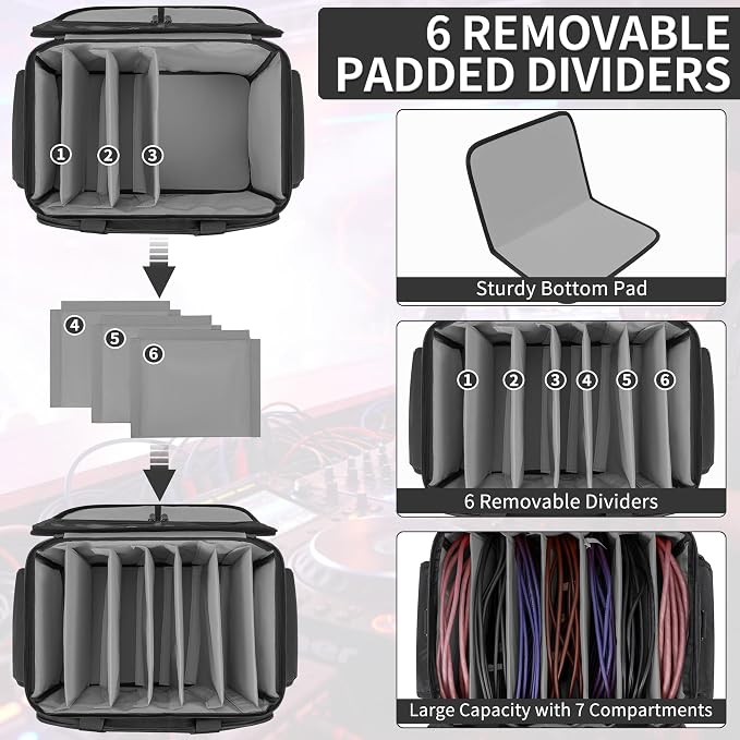 IBVIVIC Cable File Bag With Adjustable Dividers Dj Gig Bag for Cables, Cords,DJ Gear,Sound Instrument and Accessories 16L x 11W x 12H inch, Grey