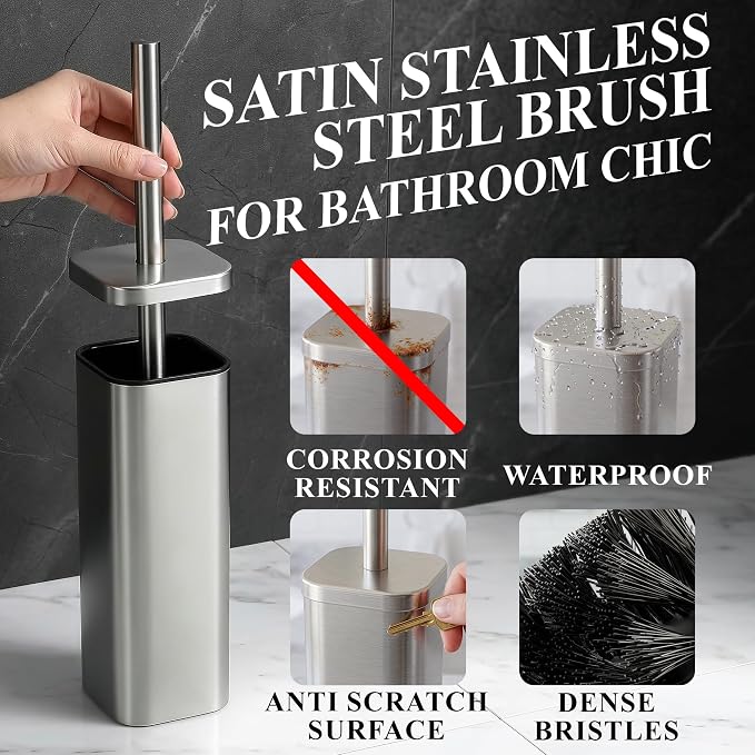 Toilet Brush with Square Holder - Toilet Brush and Holder Set Silver, Stainless Steel Handle with Splash Shield, Replaceable Head and Removable Inner Cup - Freestanding Bathroom Toilet Cleaning Set