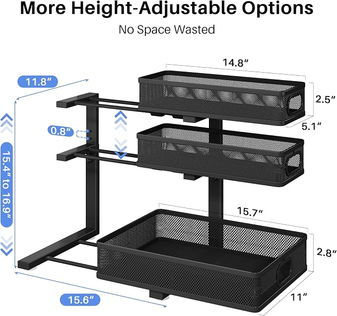 Under Sink Organizer, 2-Pack 3-Tier Thickened Metal Pull out Cabinet Organizer Shelf, Height Adjustable Slide out Storage Drawer Rack for Kitchen Bathroom Pantry Laundry Home Office Organization