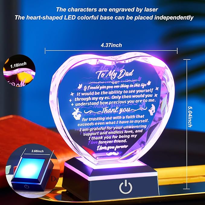 Gifts for My Dad from Son and Daughter, Thank You for the Gift, Laser Engraved Heart-Shaped Crystal Souvenirs Prepared for Dad's Birthday, Father's Day, Christmas and Valentine's Day